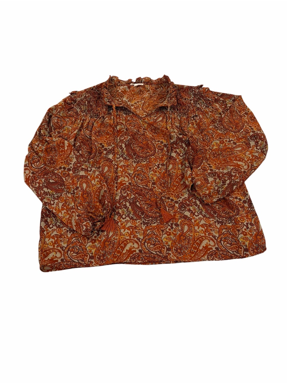Grand & Greene Paisley Blouse Womens Large Orange Tie‎ Front V Neck EUC peasant